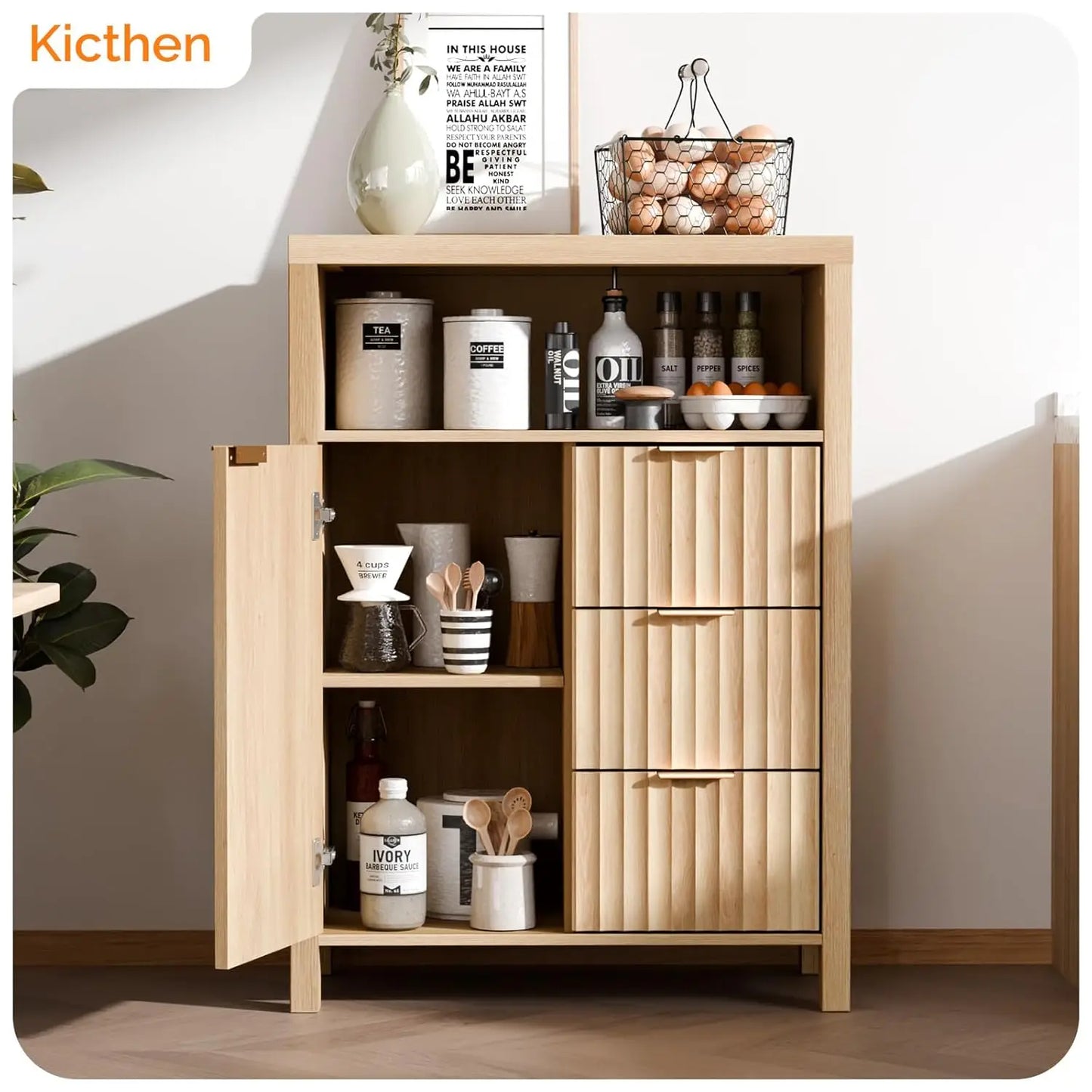 Bathroom Storage Cabinet With Fluted Doors And Drawers Engineered Wood
