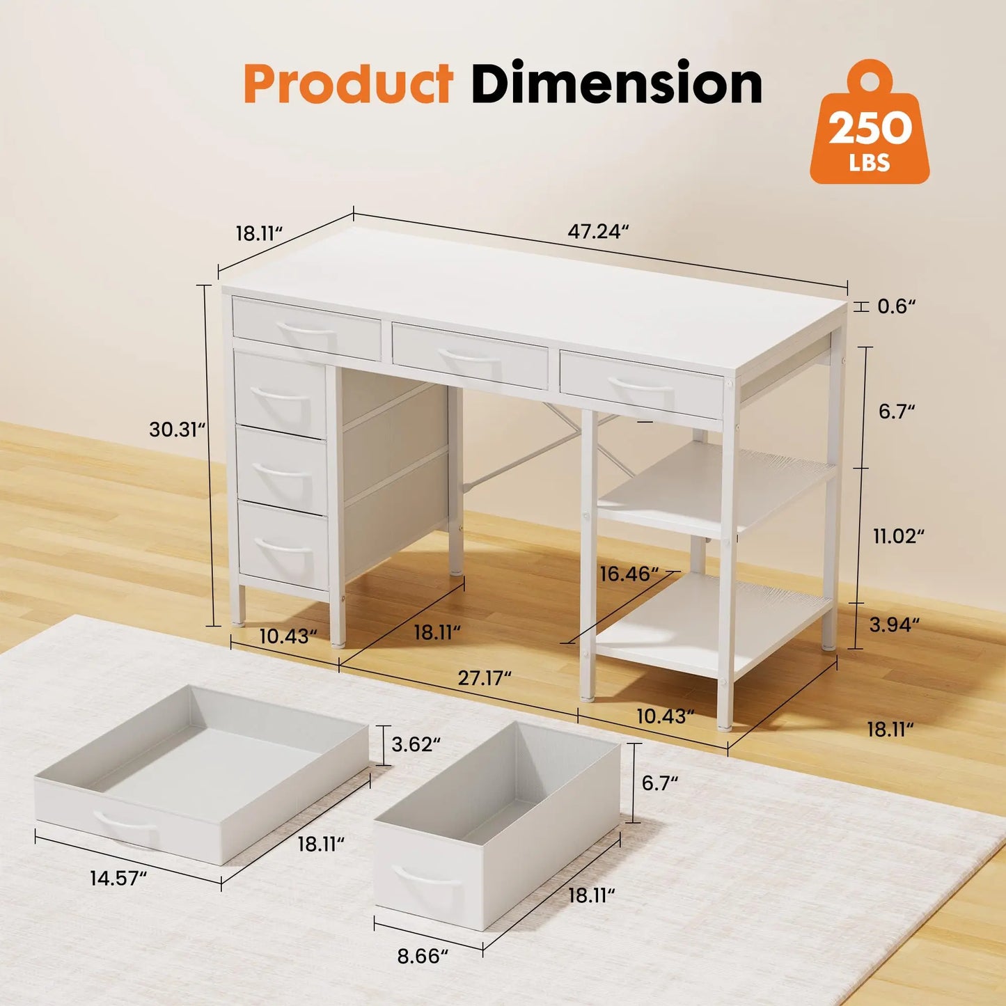 JHK Computer Desk With 6 Drawers And Storage Shelves