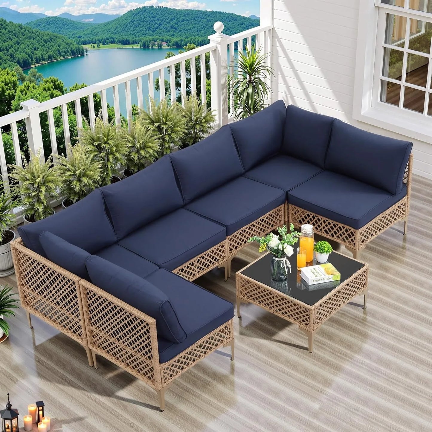 SEOGWISAM Outdoor Wicker Patio Set Cushioned Sofa Coffee Table