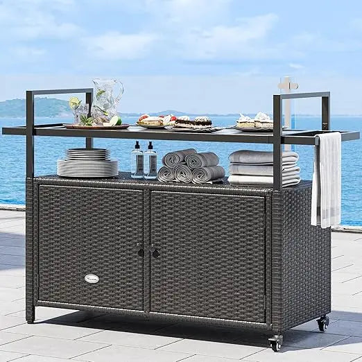 Outdoor Kitchen Wicker Island Rolling Cart With Glass Top