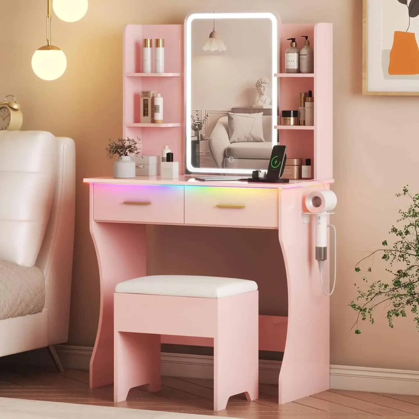 HUANZHUANG Vanity Desk With LED Mirror