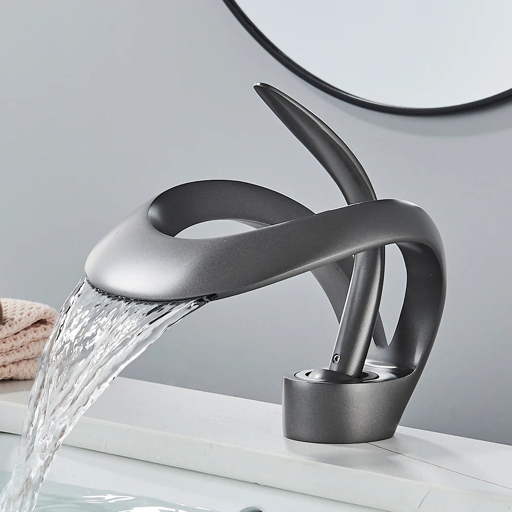 Rozin Basin Waterfall Brass Faucet, Deck Mount Hot Cold