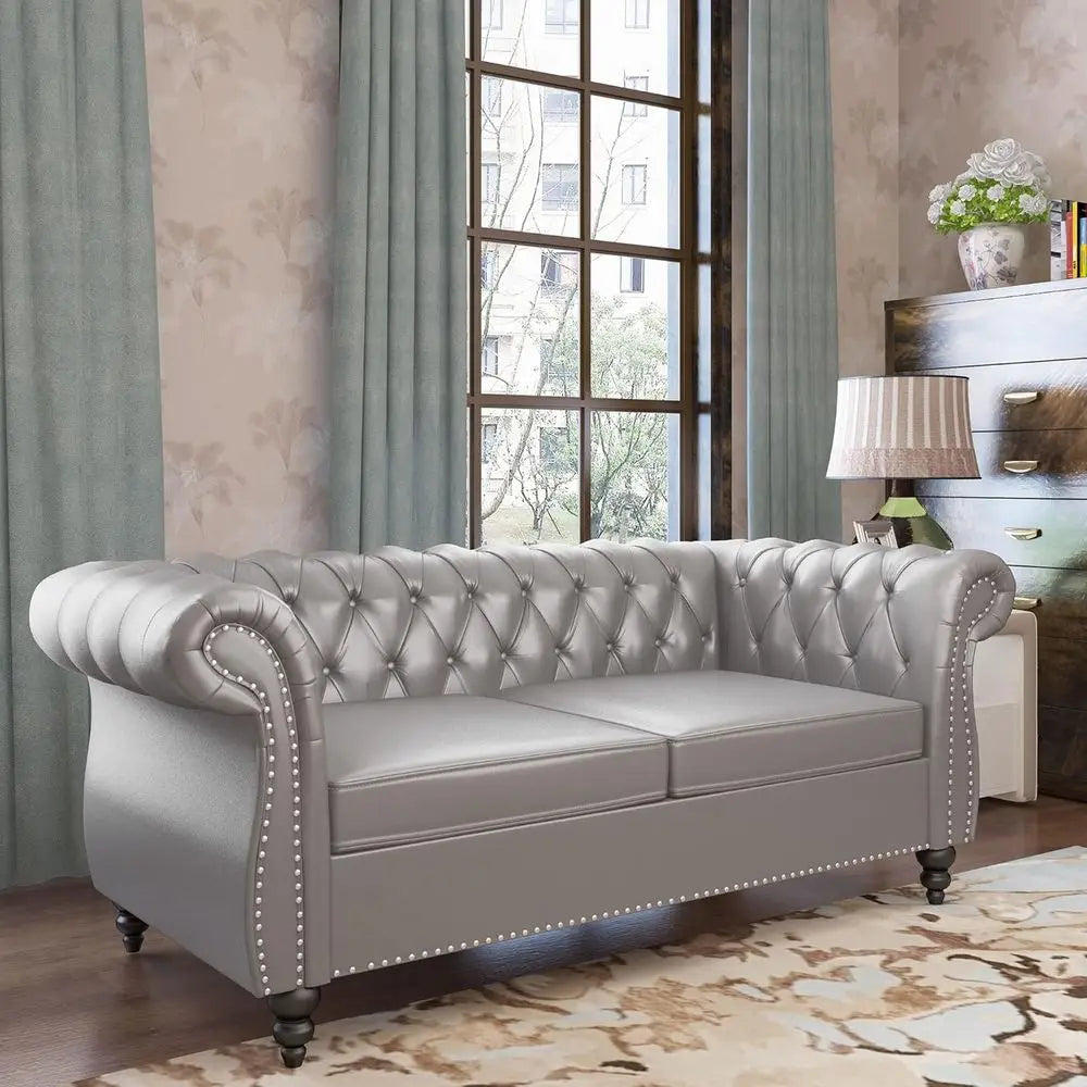 Living Room Set Leather Chesterfield Sofa With Nailhead Trim