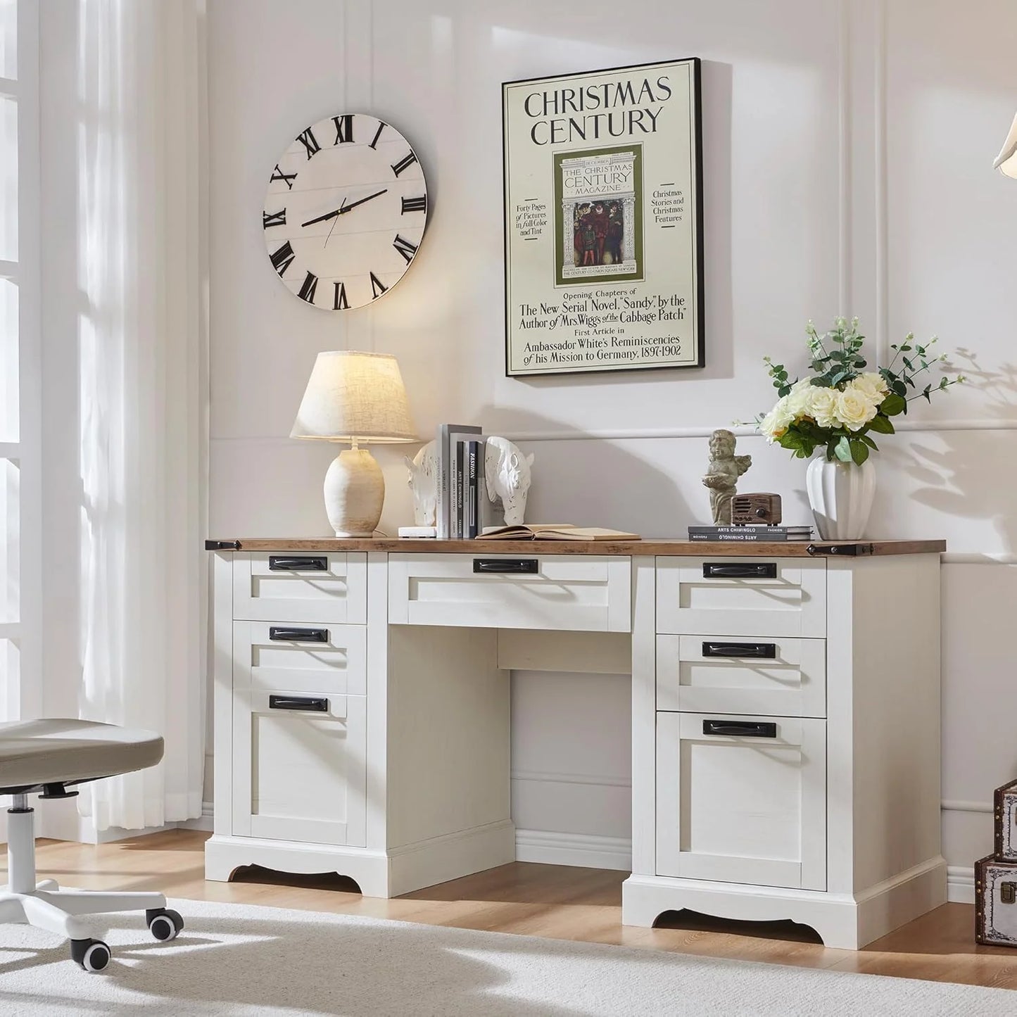 General Use Farmhouse Executive Desk With USB Charging Station
