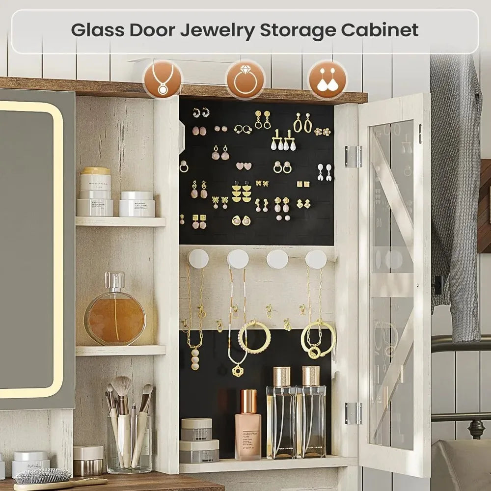 HUANZHUANG Farmhouse Vanity Desk With Mirror Jewelry Cabinet