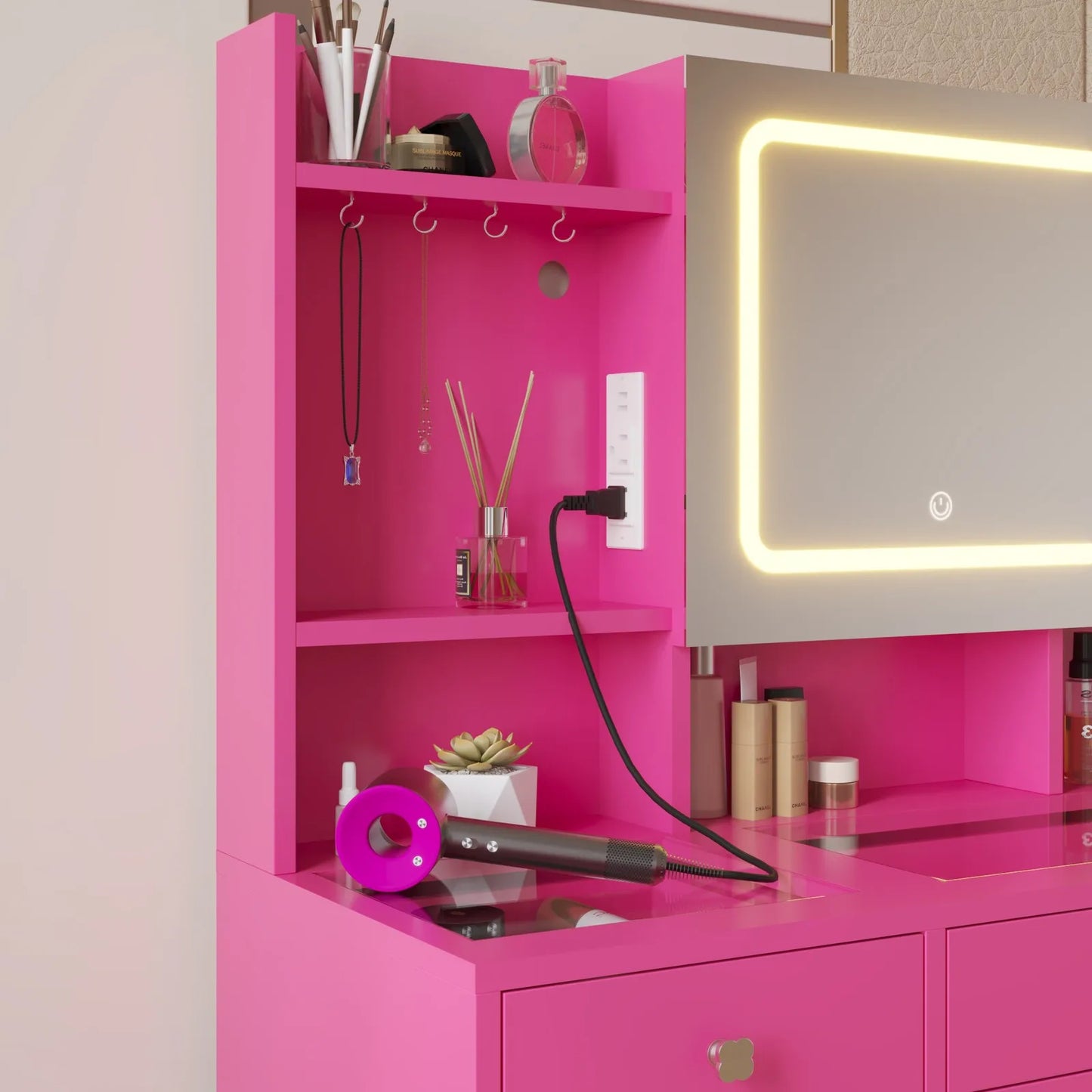 Makeup Vanity With Charging Station And Mirror Lights