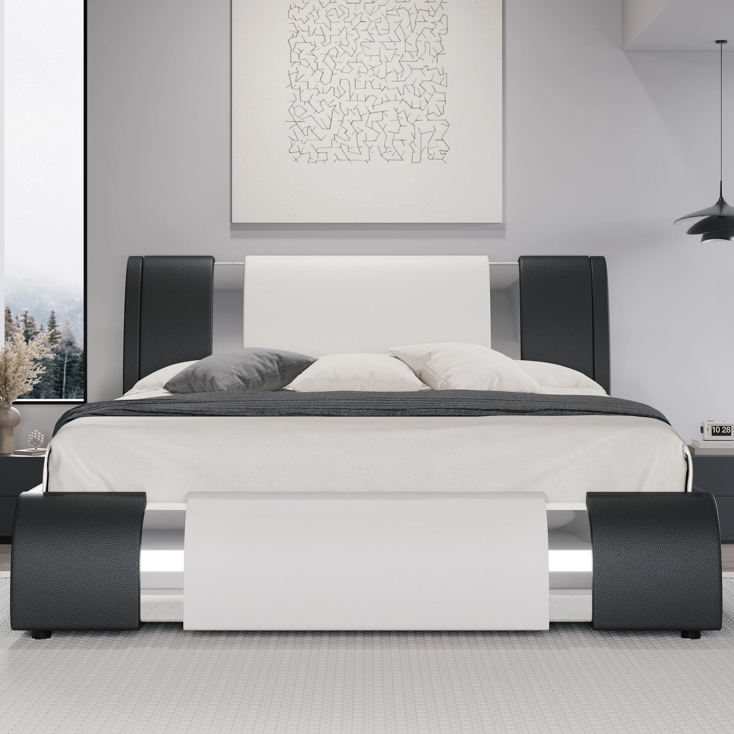 Hoomic Faux Leather Bed Frame With Iron Decor Low Profile