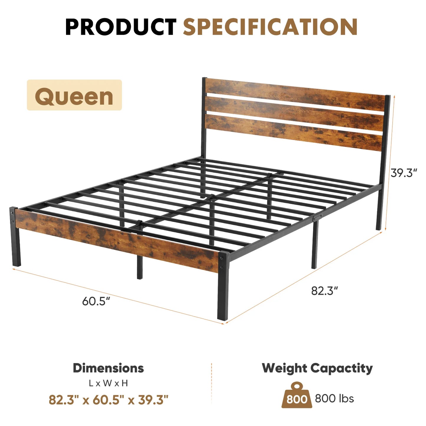 JHK Metal Platform Bed Frame With Headboard, 800LBS Capacity