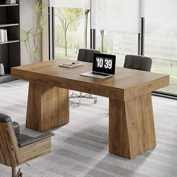 Desk Mid-Century Modern Executive Wood With Trapezoid Base