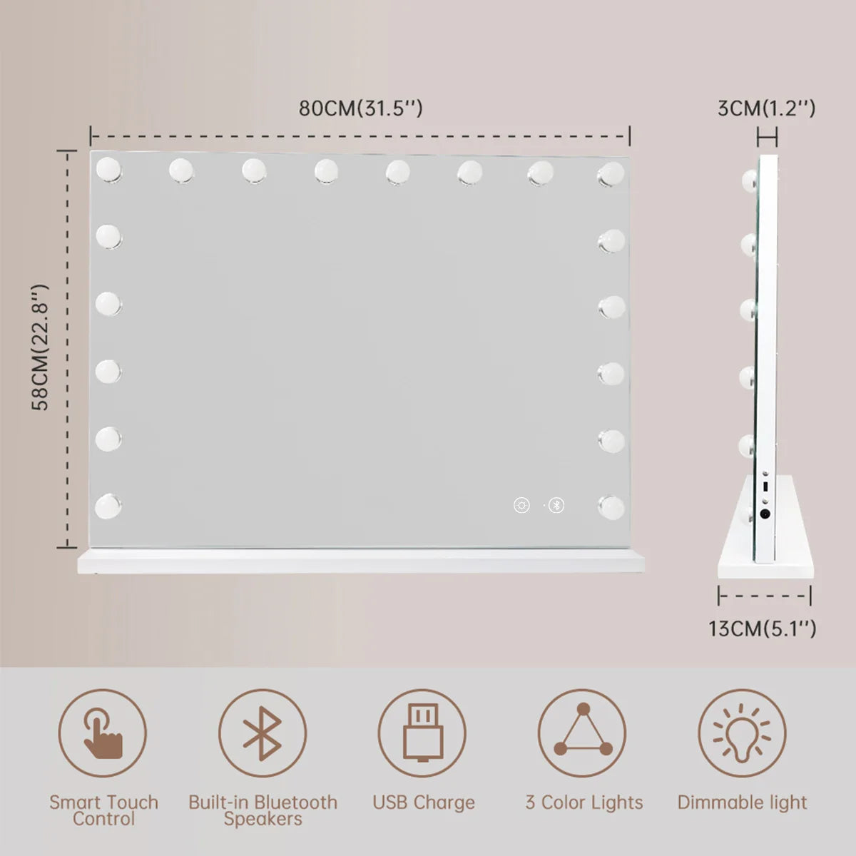 Vanity Mirror With Lights And Bluetooth Speakers, 10x Magnification