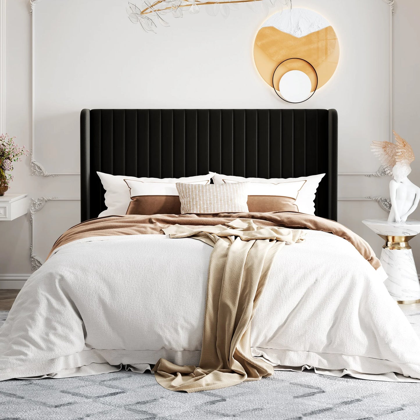 HOOMIC Velvet Bed Frame With Wingback Headboard Channel Tufted