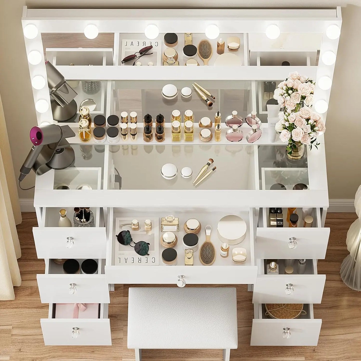 Vanity Lighted Mirror With 7 Drawers, Elegant Modern Design