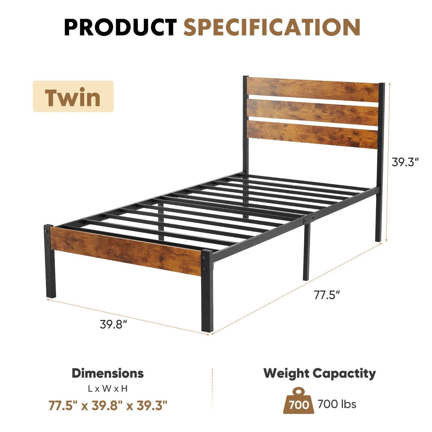 JHK Metal Platform Bed Frame With Headboard, 800LBS Capacity