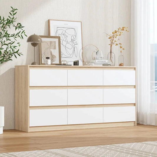 Chengwei No-Handle 9-Drawer Dresser With Oak Veneer