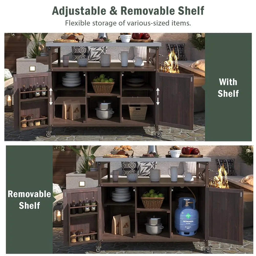 Outdoor Grill Table Stainless Steel Top Wood Kitchen Island Cabinet