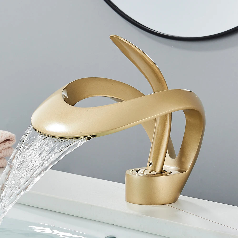 Rozin Basin Waterfall Brass Faucet, Deck Mount Hot Cold
