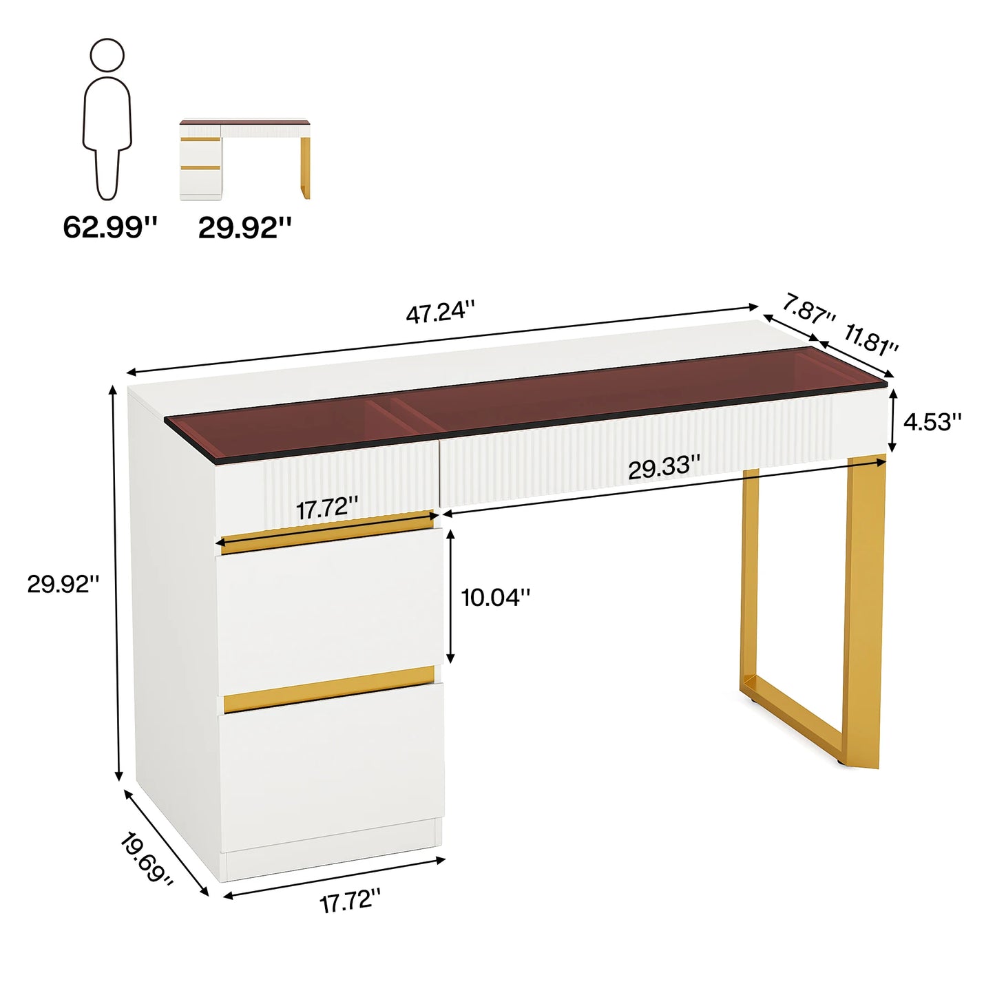 Tribesigns Computer Desk With Glass Top And 4 Drawers