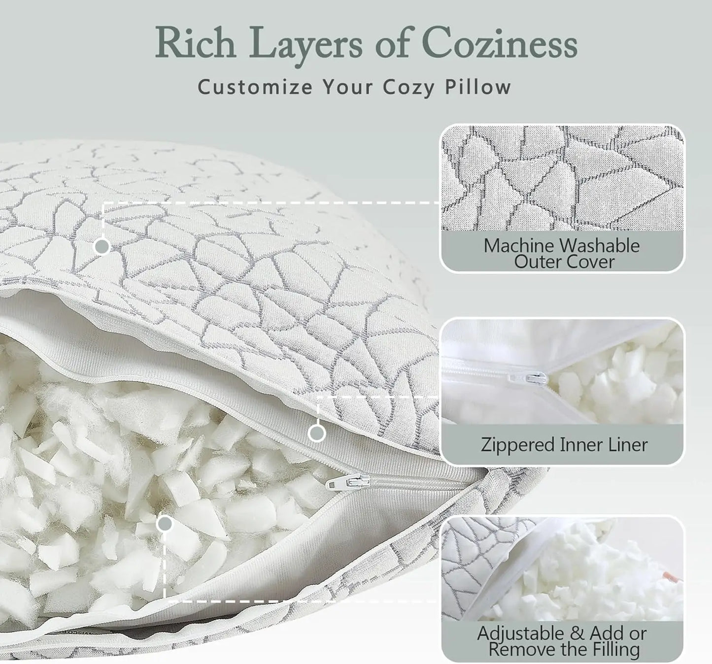 Rayon Derived from Bamboo Pillows King Size - Adjustable Shredded Memory Foam Pillow with Removable Cover Medium Firm Pillow for