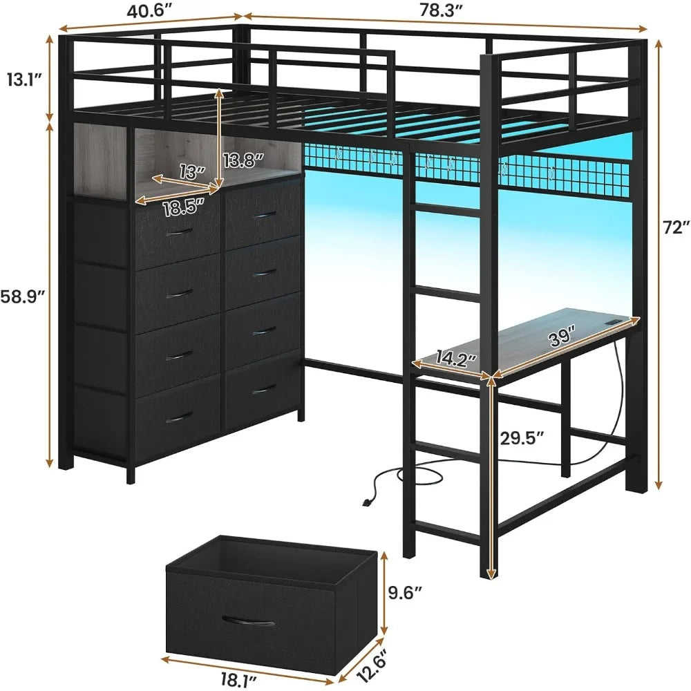 Twin Loft Bed Metal Frame Durable For Small Rooms Compact