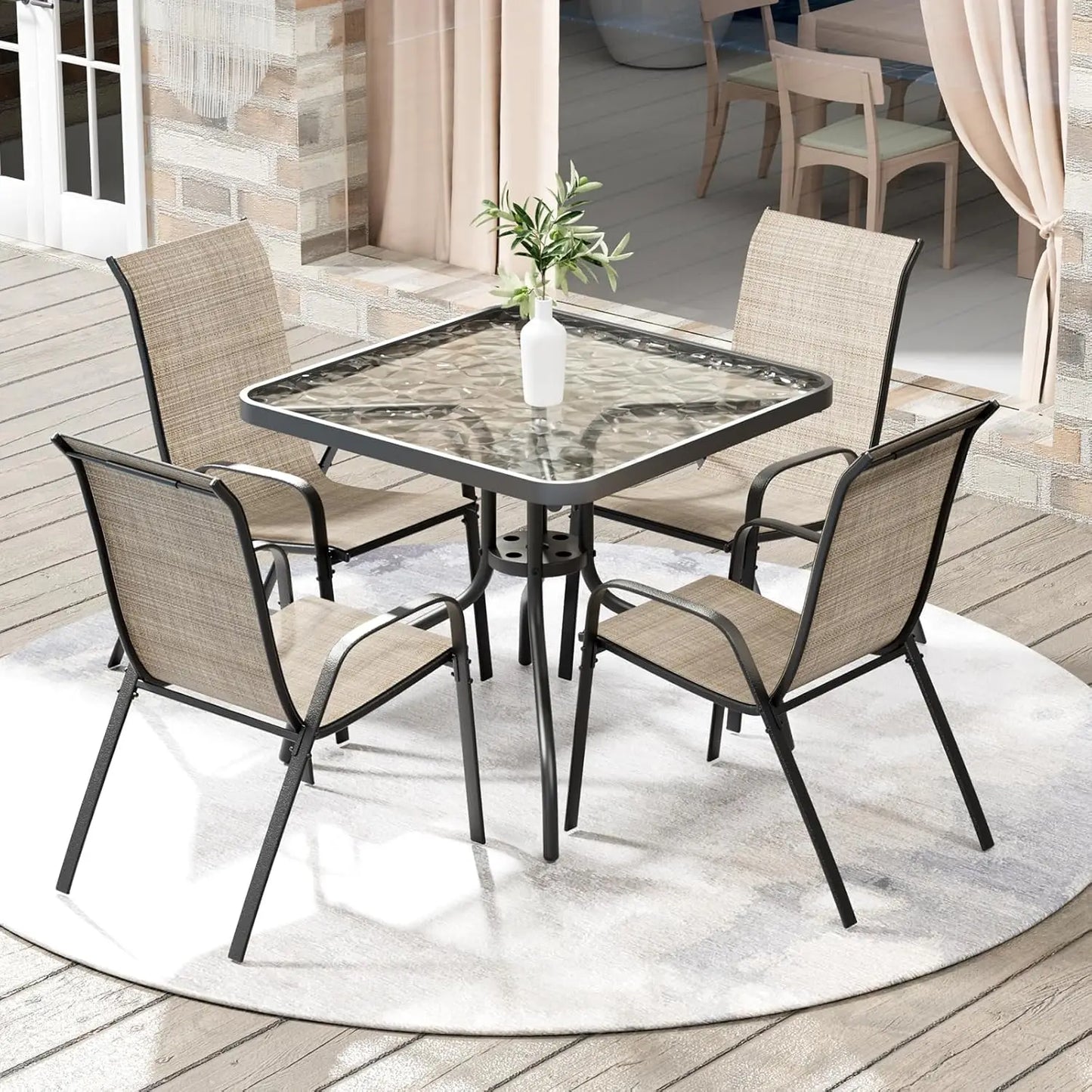 Outdoor Patio Dining Set Glass Table With 4 Textline Chairs
