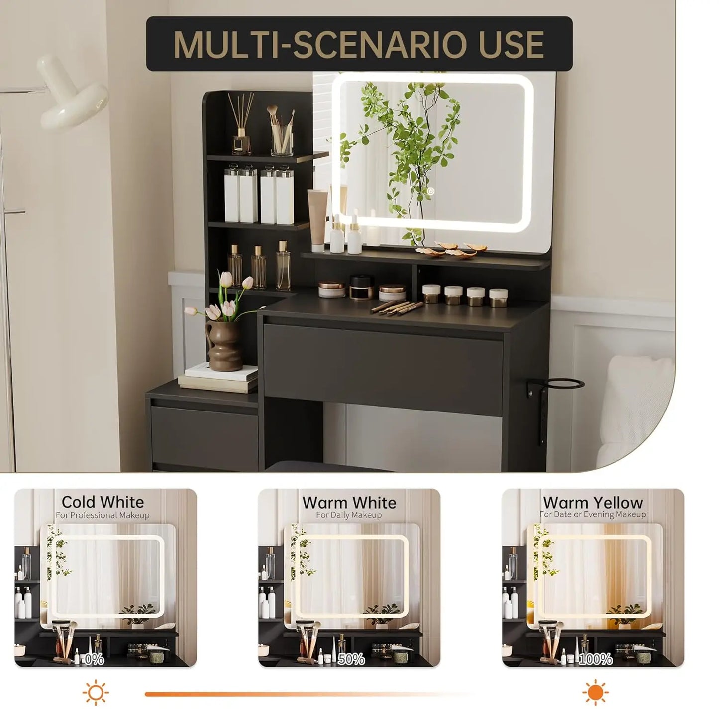 Vanity Desk Lighted Mirror With USB Ports For Bedroom
