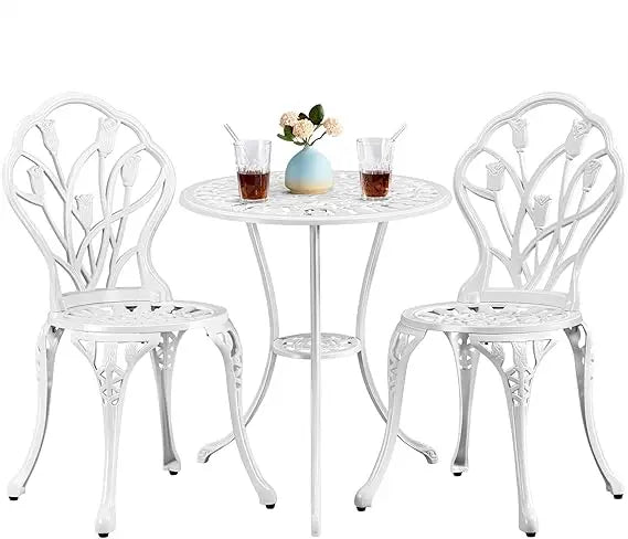 Patio Bistro Set Cast Aluminum Table And Chairs, 3-Piece