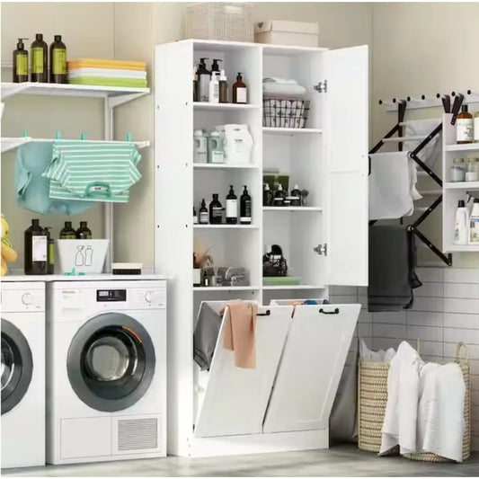 Linen Cabinet Freestanding Wood With Flip Storage For Clothes