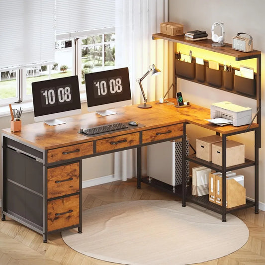 L Shaped Desk With Hutch And Five Fabric Drawers Storage