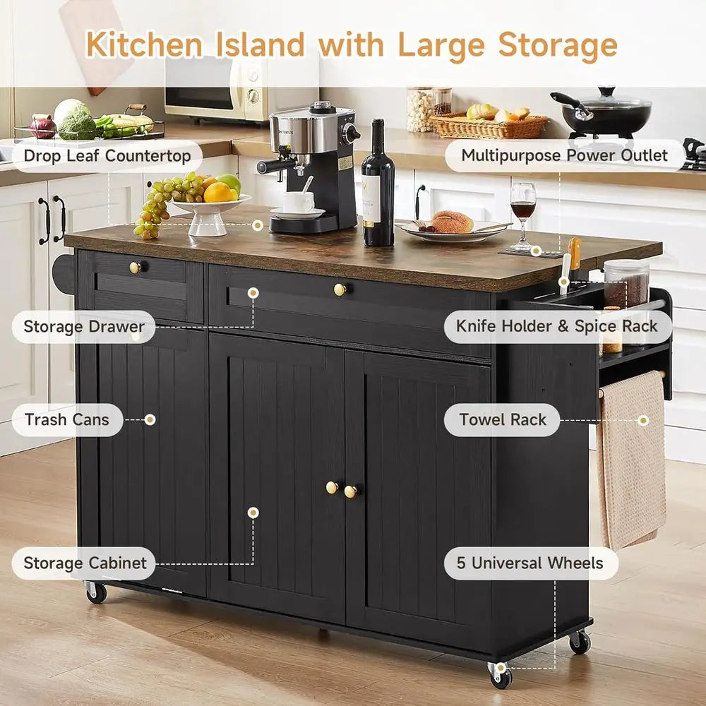 LISM Kitchen Island With Power Outlet And Drop Leaf