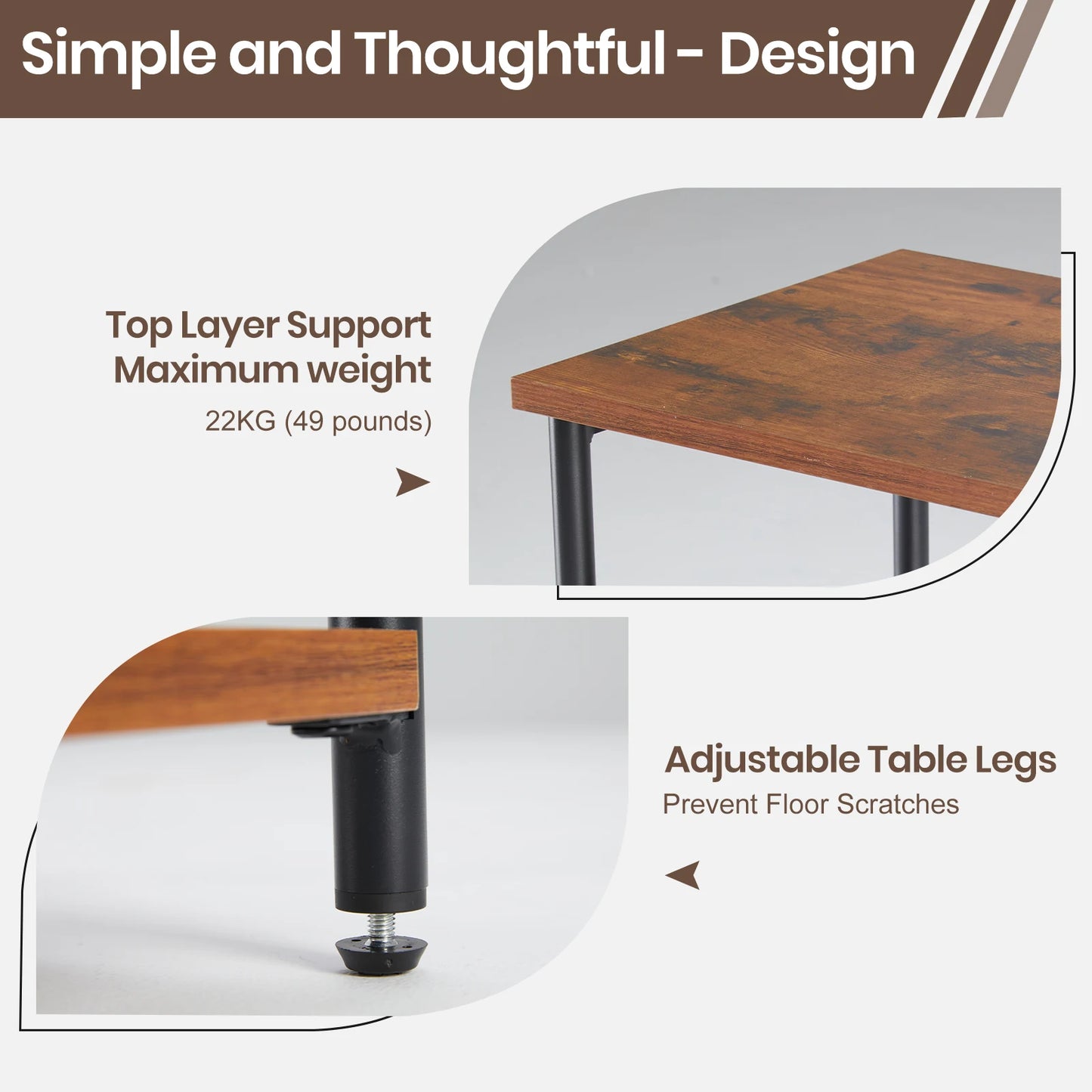 JHK End Table Three-Tier Steel Frame with Adjustable Feet Space-Saving