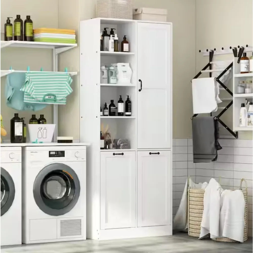 Linen Cabinet Freestanding Wood With Flip Storage For Clothes