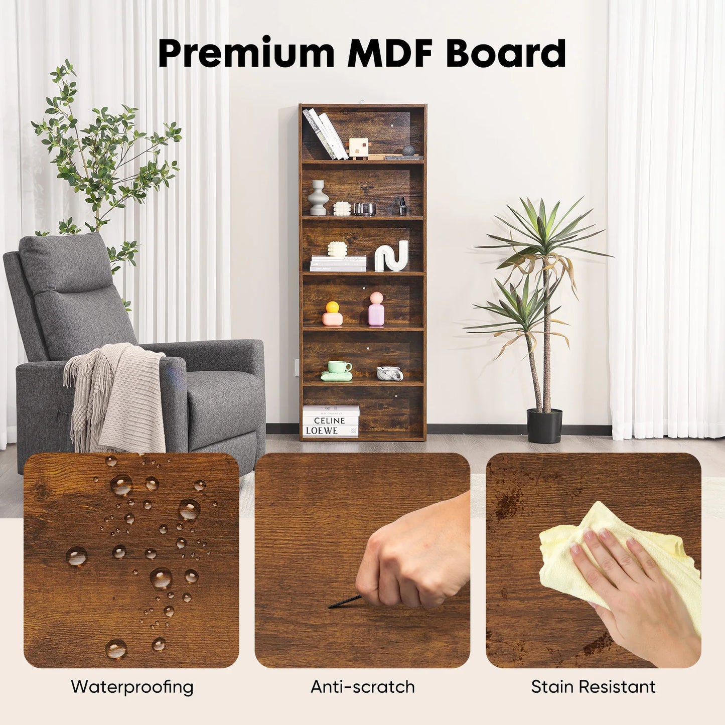 JHK Wooden Bookshelf, 6-Tier Open Floor Standing For Living Room