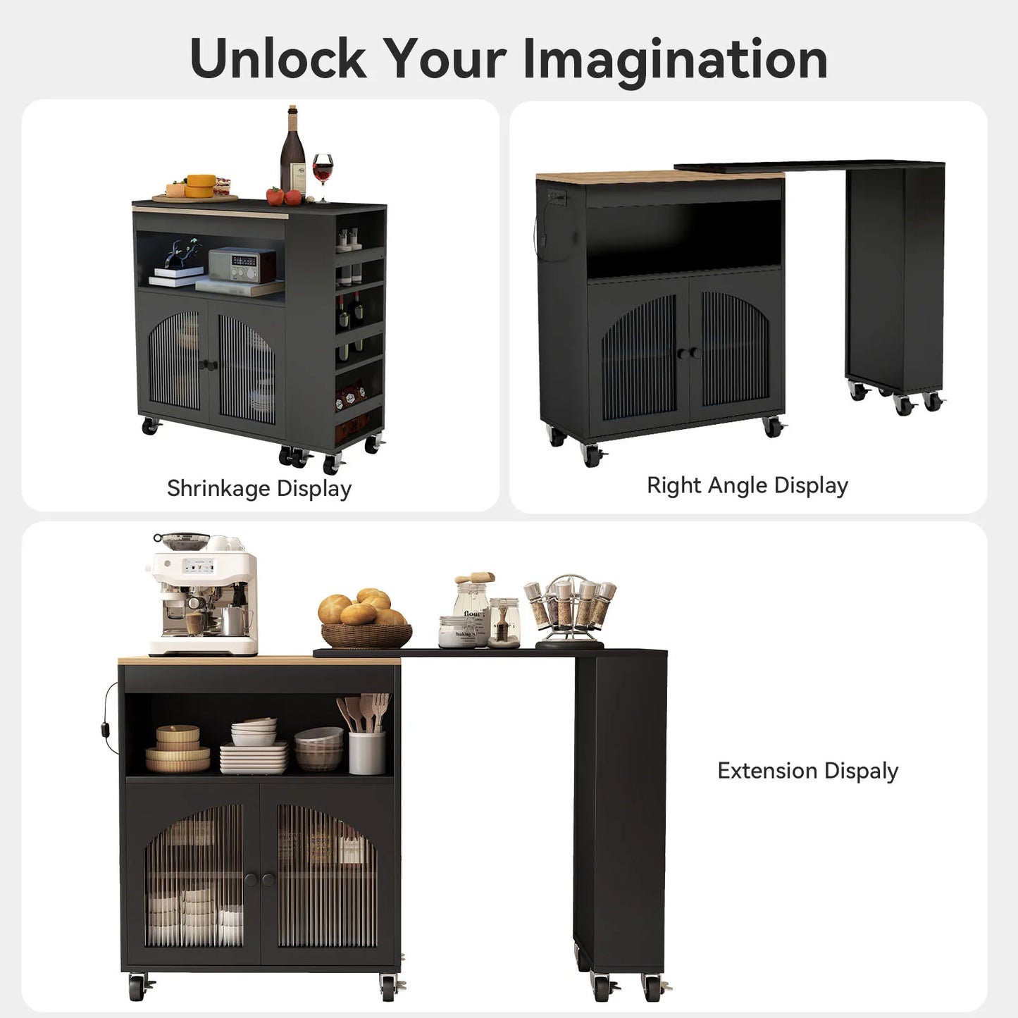 Kitchen Island On Wheels MDF Rolling Cart With LED Outlets