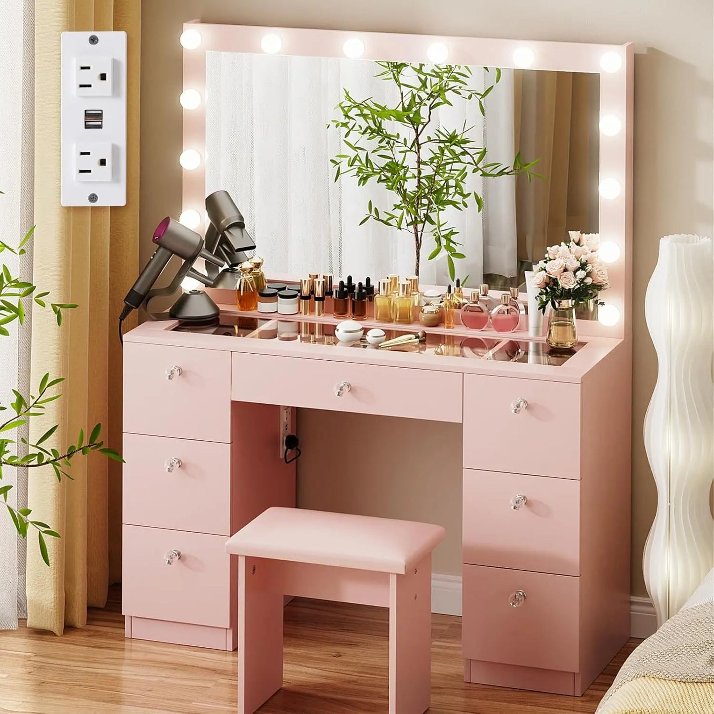 Vanity Lighted Mirror With 7 Drawers, Elegant Modern Design