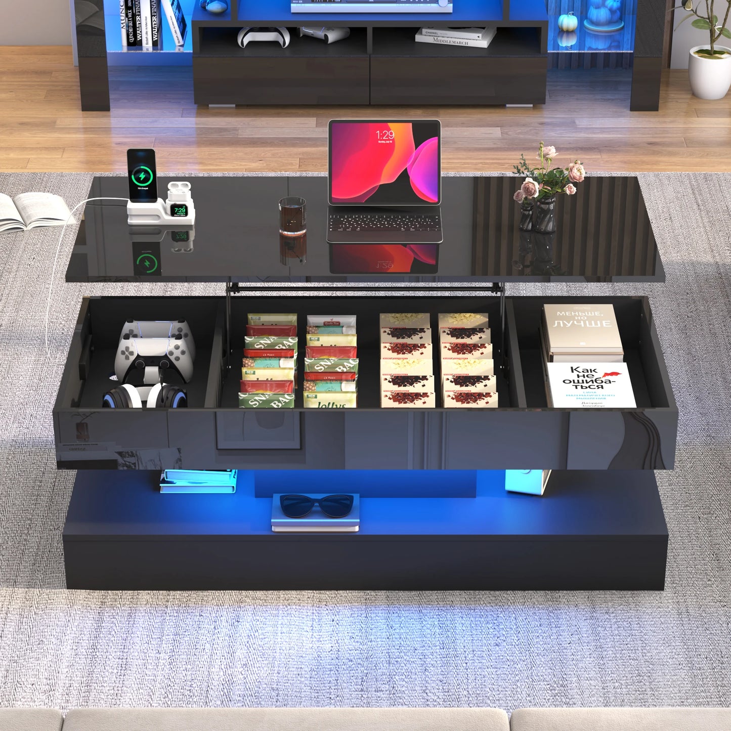 QiaoShiRen Coffee Table With LED Lighting And Open Shelf