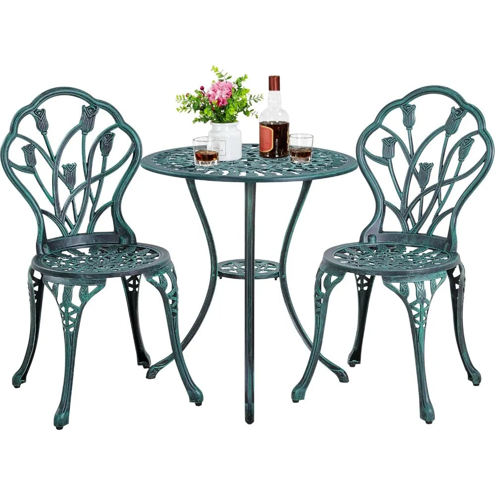 Patio Bistro Set Cast Aluminum Table And Chairs, 3-Piece