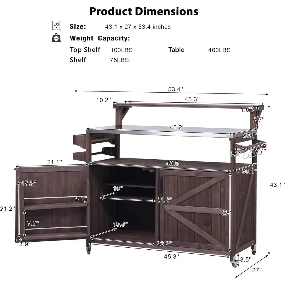 Outdoor Kitchen Island With Raised Shelf And Stainless Steel Top