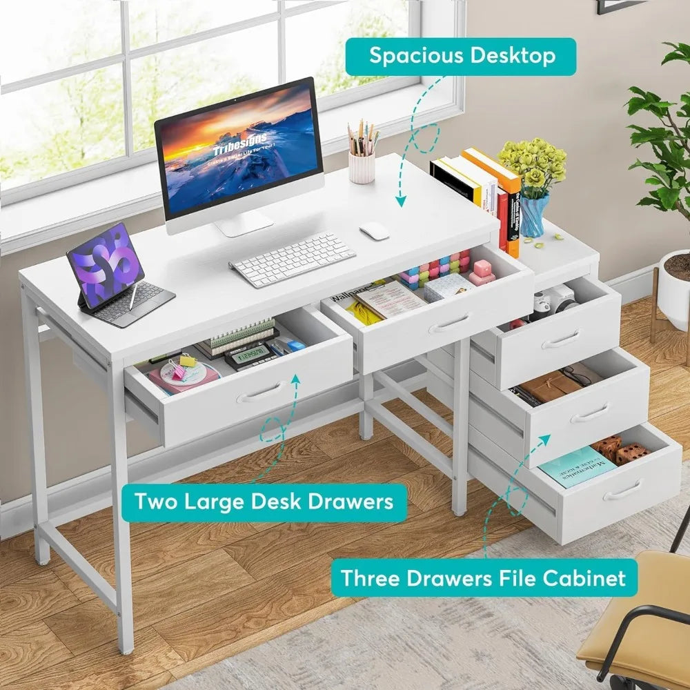 Computer Desk With 5 Drawers And Reversible Cabinet