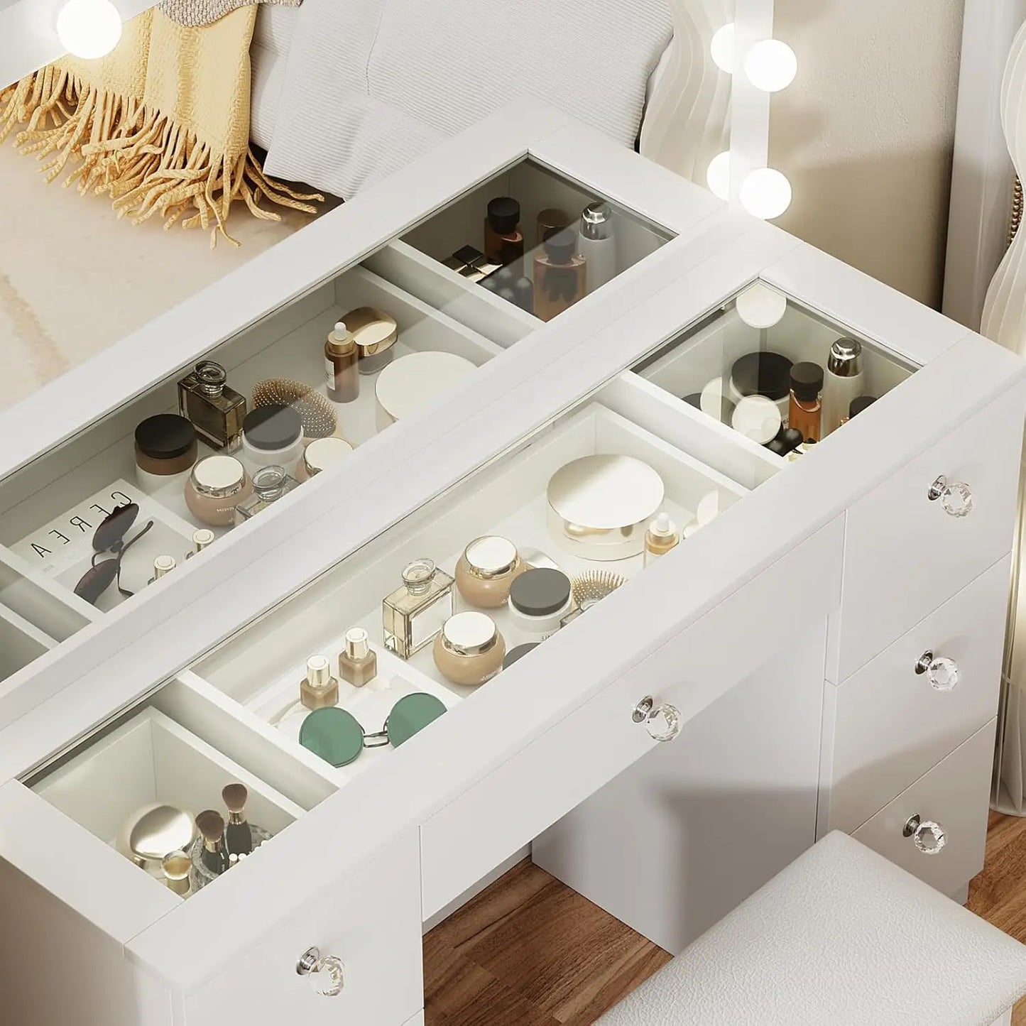 Vanity Lighted Mirror With 7 Drawers, Elegant Modern Design