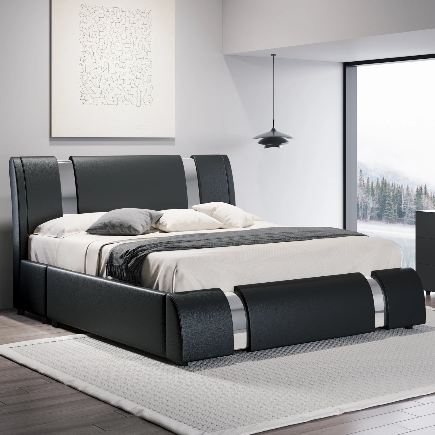Hoomic Faux Leather Bed Frame With Iron Decor Low Profile