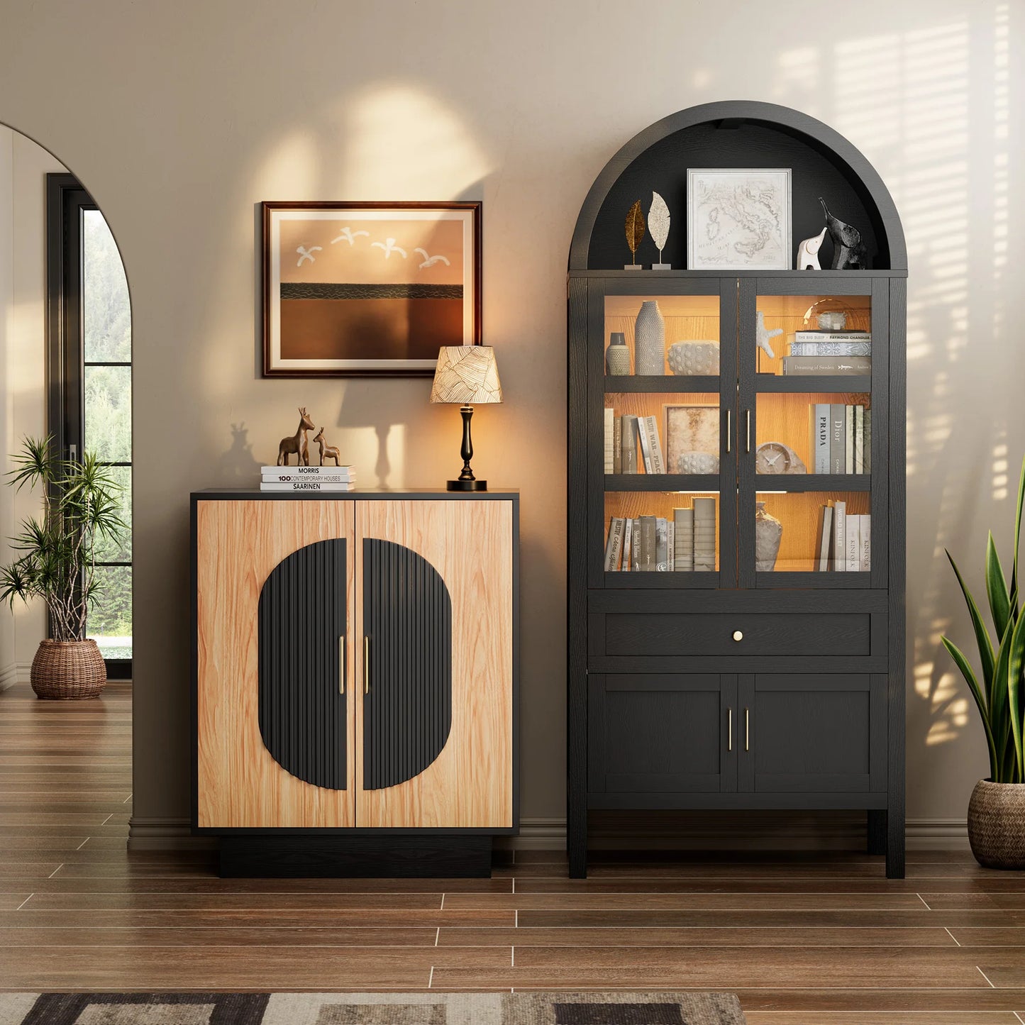 Modular Credenza Fluted Wood Storage Cabinet Living Room