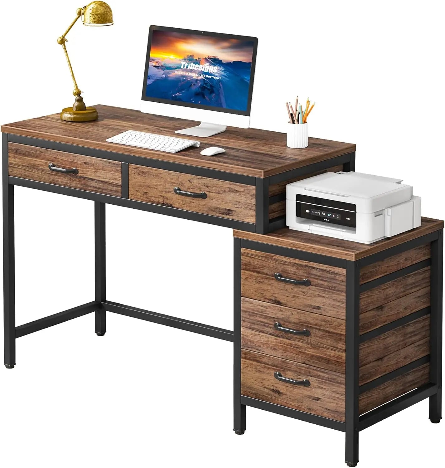 Computer Desk With 5 Drawers And Reversible Cabinet