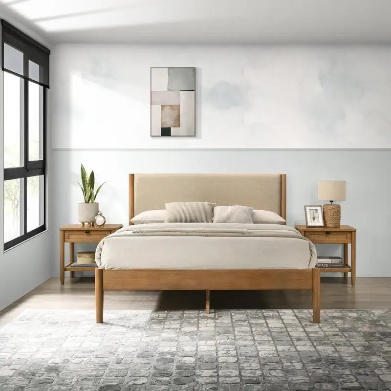 Bedroom Set Rubberwood Upholstered Queen Bed Dresser Mirror