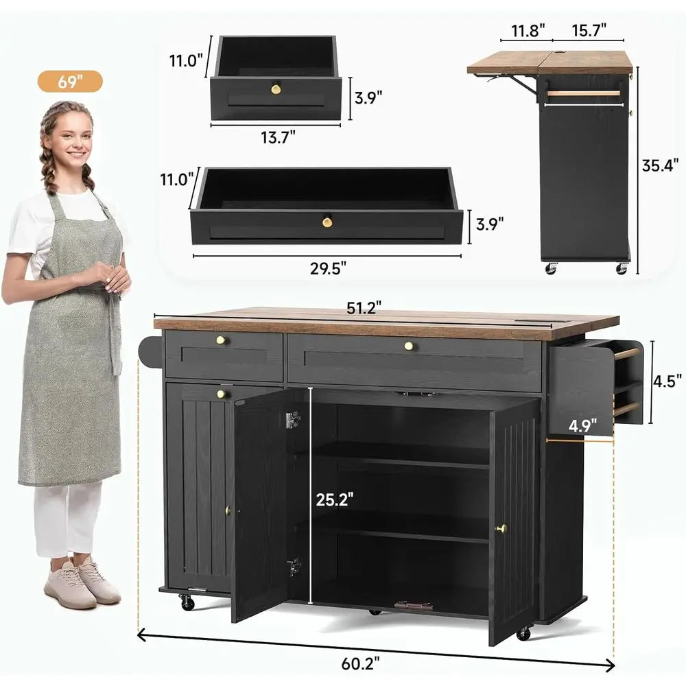 LISM Kitchen Island With Power Outlet And Drop Leaf