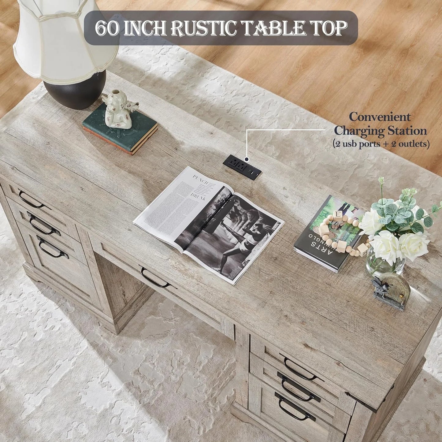 General Use Farmhouse Executive Desk With USB Charging Station