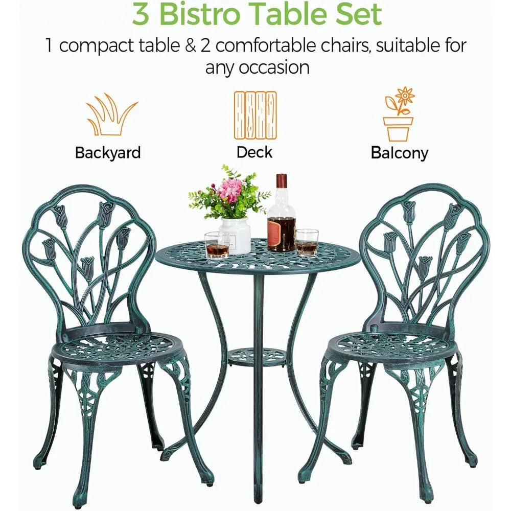 Patio Bistro Set Cast Aluminum Table And Chairs, 3-Piece