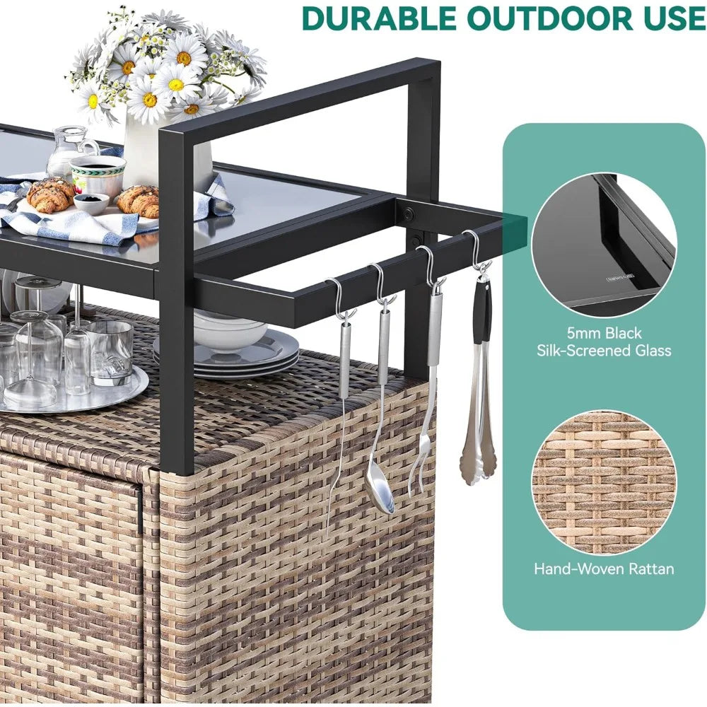 Outdoor Kitchen Wicker Island Rolling Cart With Glass Top