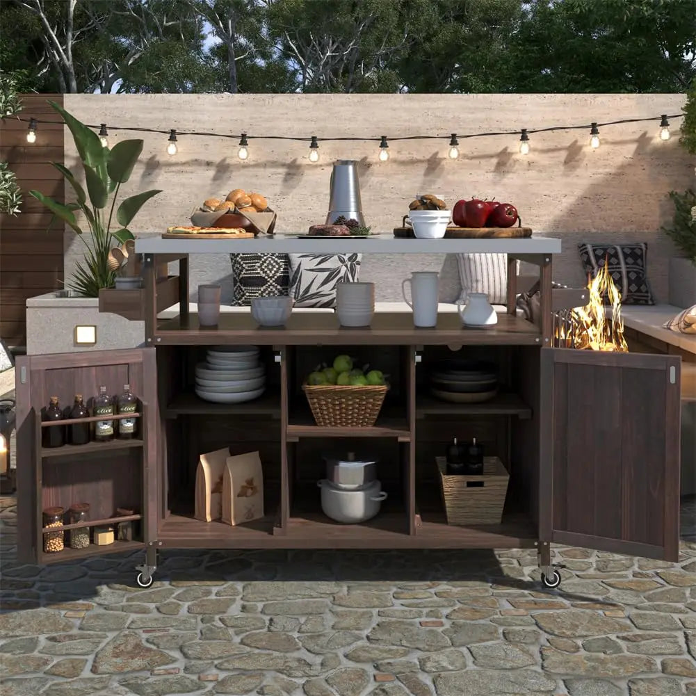 Outdoor Grill Table Stainless Steel Top Wood Kitchen Island Cabinet