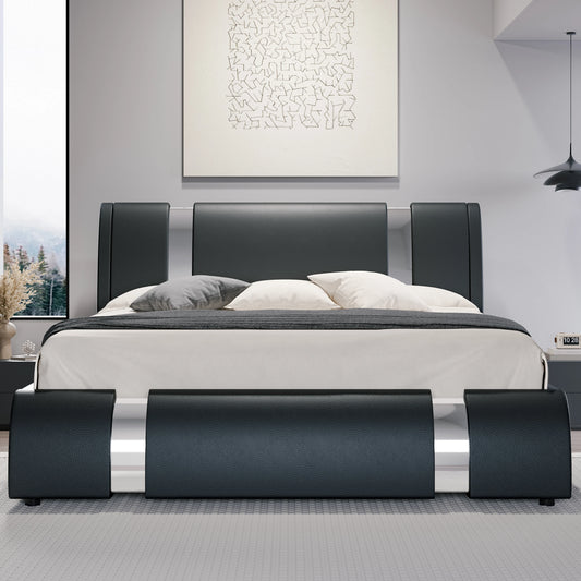 Hoomic Faux Leather Bed Frame With Iron Decor Low Profile