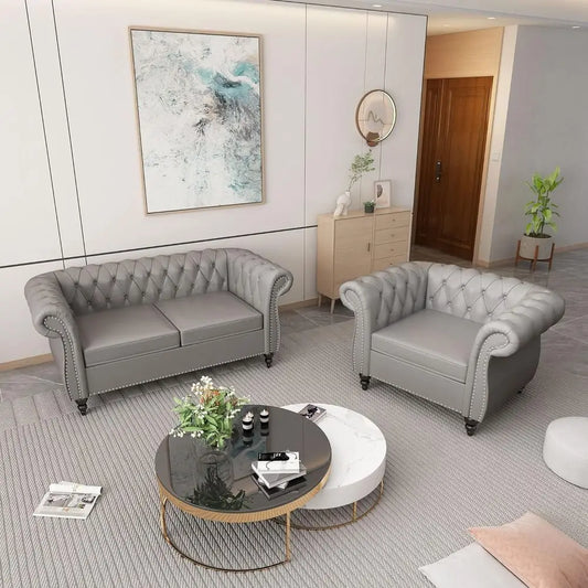 Living Room Set Leather Chesterfield Sofa With Nailhead Trim